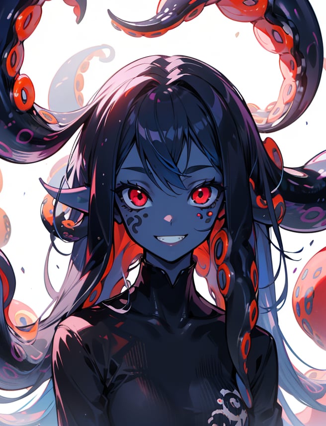 solo, long hair, looking at viewer, smile, simple background, red eyes, 1girl, white background, very long hair, blue hair, standing,  teeth, colored sclera, blue skin, black sclera, monster, black skin,highres, (portrait:.7),Detailedface,
(detailed face:1.2), (tentacle hair:1.4),ASU1