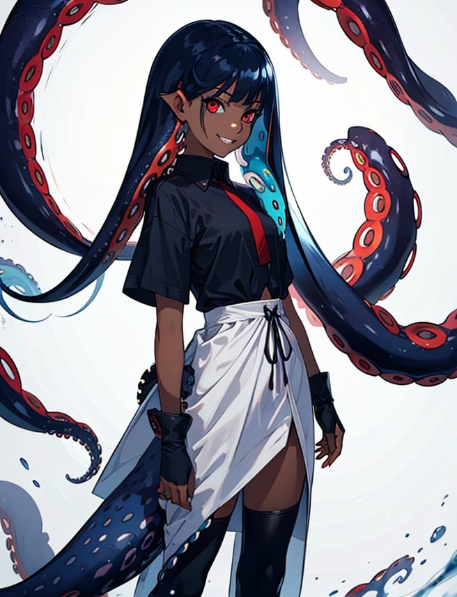 solo, long hair, looking at viewer, smile, simple background, red eyes, 1girl, white background, very long hair, blue hair, standing,  teeth, monster, black skin,highres, (portrait:.6),Detailedface,
(detailed face:1), (tentacle hair:1.4),ASU1