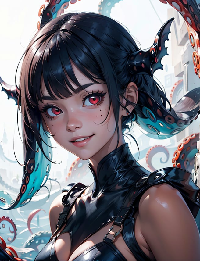 solo, long hair, looking at viewer, smile, simple background, red eyes, 1girl, white background, very long hair, blue hair, standing,  teeth, tentacles, colored sclera, blue skin, black sclera, head fins, monster, black skin,highres, (portrait:.7),Detailedface,
(detailed face:1.2), (tentacle hair:1.1),ASU1