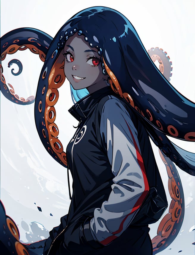 solo, long hair, looking at viewer, smile, simple background, red eyes, 1girl, white background, very long hair, blue hair, standing,  teeth, monster, black skin,highres, (portrait:.6),Detailedface,
(detailed face:1), (tentacle hair:1.4),ASU1