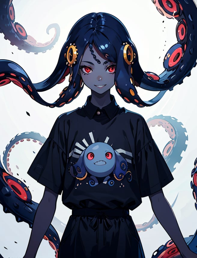 solo, long hair, looking at viewer, smile, simple background, red eyes, 1girl, white background, very long hair, blue hair, standing,  teeth, monster, black skin,highres, (portrait:.6),Detailedface,
(detailed face:1), (tentacle hair:1.4),ASU1