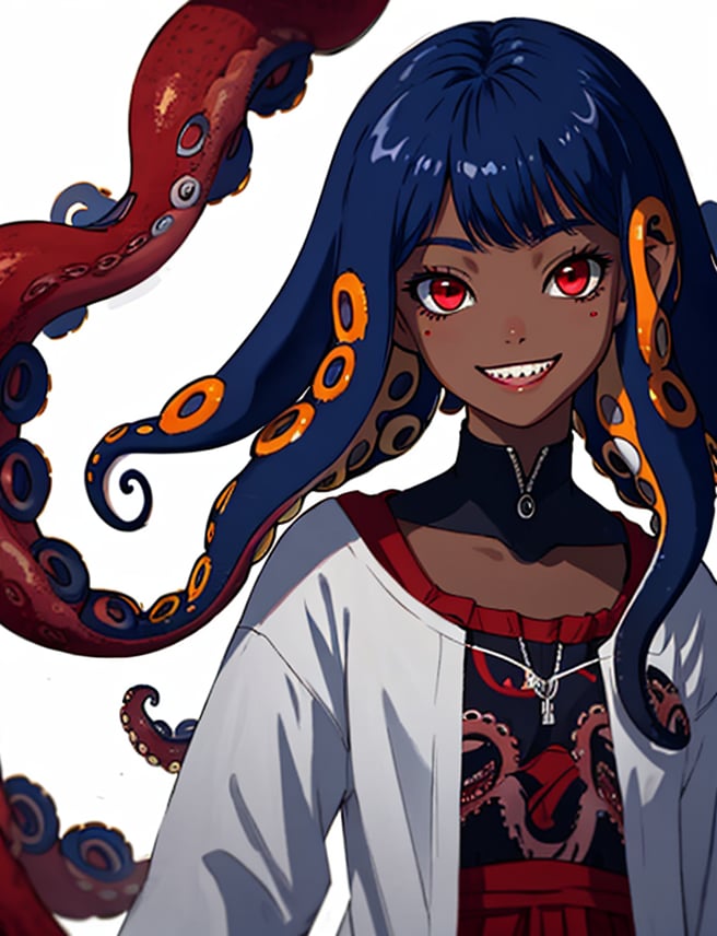 solo, long hair, looking at viewer, smile, simple background, red eyes, 1girl, white background, very long hair, blue hair, standing,  teeth, monster, black skin,highres, (portrait:.6),Detailedface,
(detailed face:1), (tentacle hair:1.4),ASU1