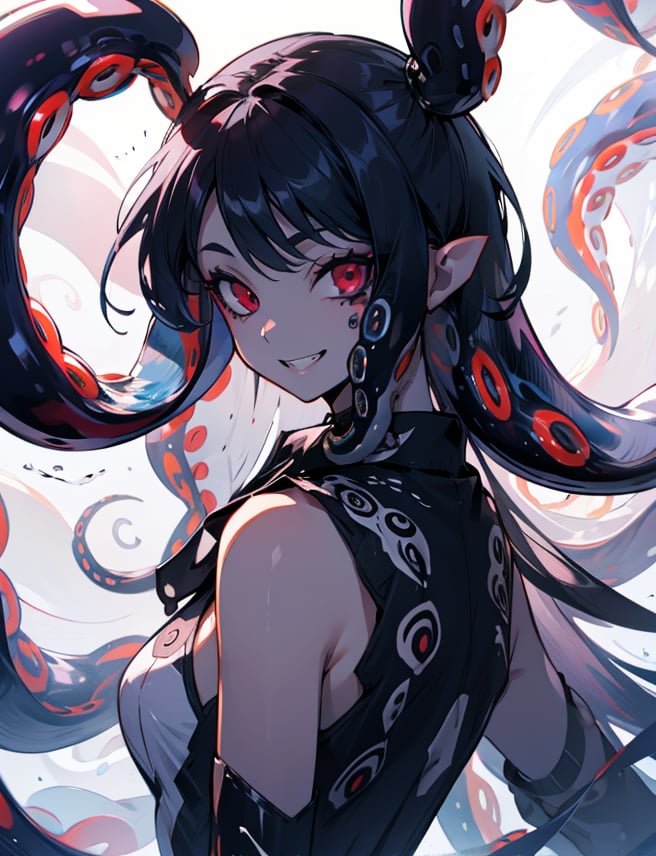 solo, long hair, looking at viewer, smile, simple background, red eyes, 1girl, white background, very long hair, blue hair, standing,  teeth, tentacles, colored sclera, blue skin, black sclera, head fins, monster, black skin,highres, (portrait:.7),Detailedface,
(detailed face:1.2), (tentacle hair:1.6),ASU1