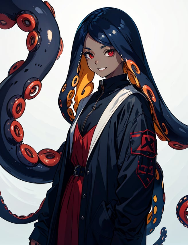 solo, long hair, looking at viewer, smile, simple background, red eyes, 1girl, white background, very long hair, blue hair, standing,  teeth, monster, black skin,highres, (portrait:.6),Detailedface,
(detailed face:1), (tentacle hair:1.4),ASU1