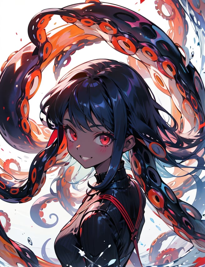 solo, long hair, looking at viewer, smile, simple background, red eyes, 1girl, white background, very long hair, blue hair, standing,  teeth, monster, black skin,highres, (portrait:.6),Detailedface,
(detailed face:1), (tentacle hair:1.4),ASU1