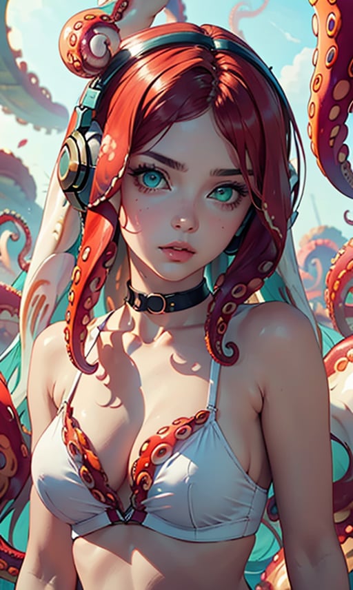 1girl, solo, long hair, breasts, looking at viewer, large breasts, cleavage, medium breasts, green eyes, upper body, red hair, parted lips, choker, aqua eyes, lips, headphones, monster girl, tentacles, tentacle hair, suction cups, scylla
 (white tentacle hair:1.4),(tentacles in hair:1.4), More Detail