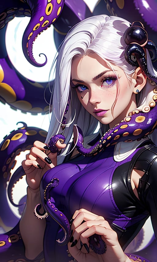 1girl, solo, long hair, looking at viewer, blue eyes, white hair, signature, nail polish, lips, fingernails, black nails, tentacles, realistic, nose, octopus, suction cups

(purple tentacle hair:1.4),(purple tentacles in hair:1.4), More Detail,monster girl