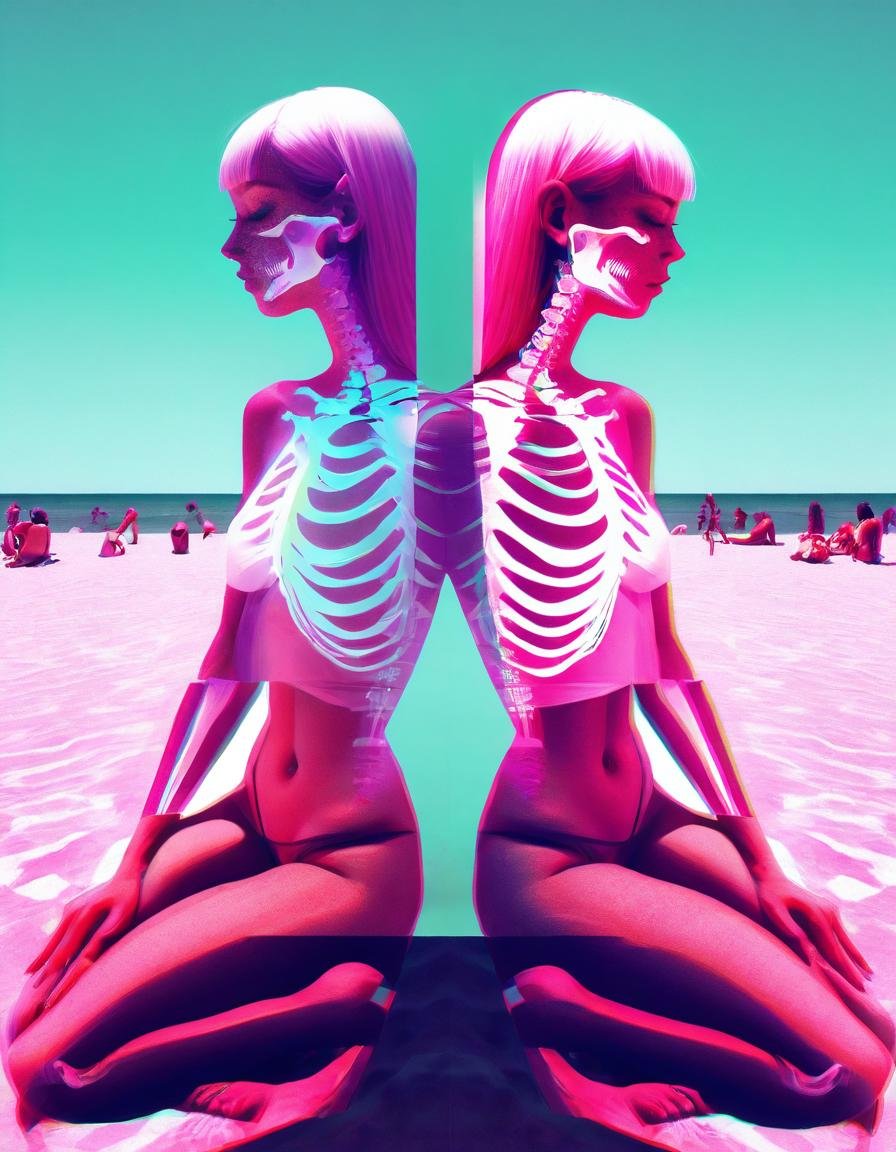 hyper realism, IR photo, light leaks, (split screen overlay , x-ray view:1.3), , , double exposure , , (glitched image:1.2), , , a glitched out pair of women relaxing a sunny beach  ,   pixelation , sinusoidal distortions, screen tear,  , post modern deconstruction , molecular view , vibrational spiral signals,  (rose garden overlay, split screen image:1.1), abstractions, experimental ,<lora:xray:1>  