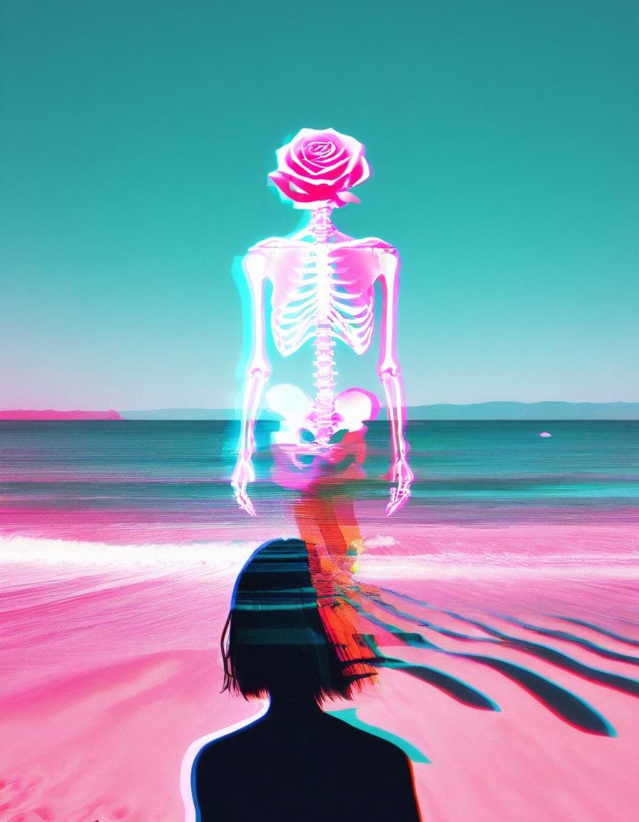 hyper realism, IR photo, light leaks, (split screen overlay , x-ray view:1.3), , , double exposure , , (glitched image:1.2), , , a glitched out person teleporting into a sunny beach  ,   pixelation , sinusoidal distortions, screen tear,  , post modern deconstruction , molecular view , vibrational spiral signals,  (rose garden overlay, split screen image:1.1), abstractions, experimental ,<lora:xray:1>  