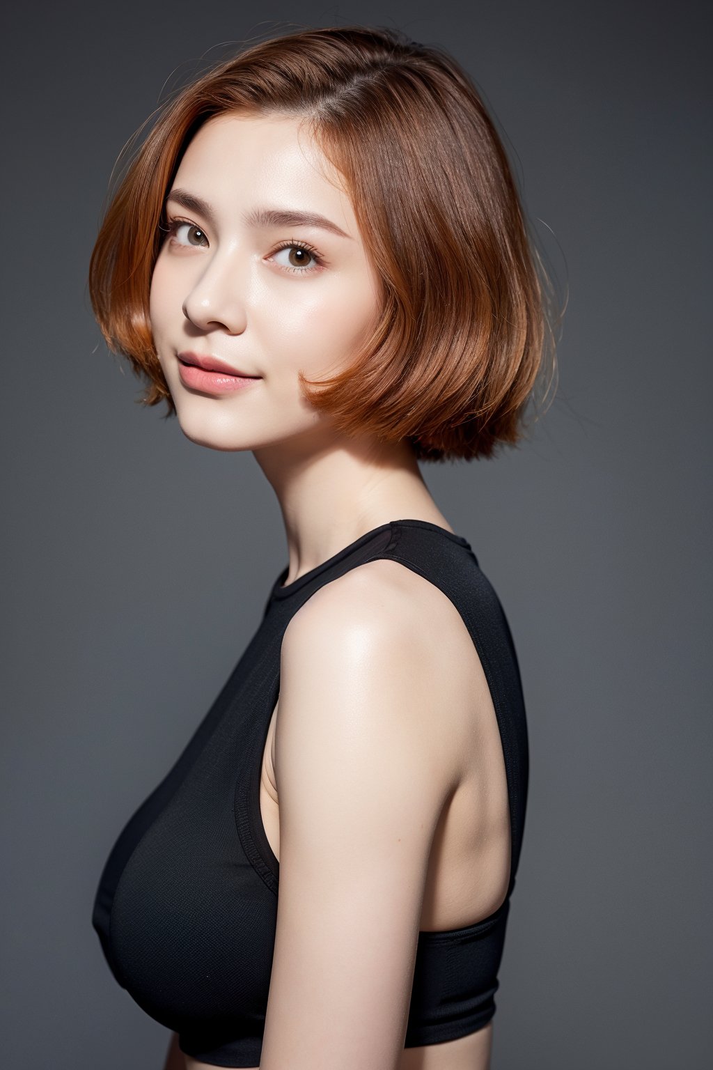 ukrainian woman, short hair, upper body, light smile, large breast, (black tank top:1.2), grey background