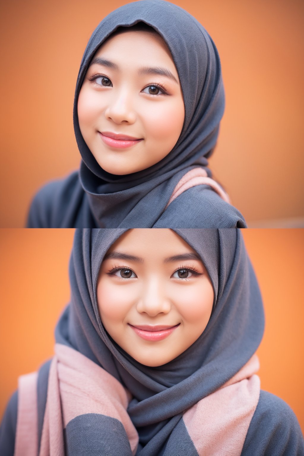 22 years old cute javanese woman, hijab, (close-up), centered, light smile, orange background