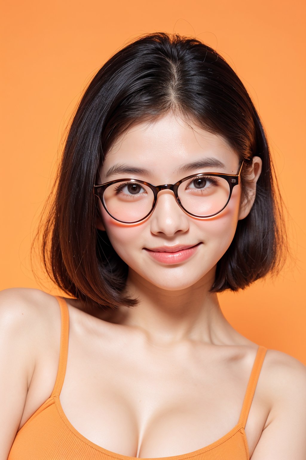 19 years old cute woman, bob hair, (black glasses), upper body, light smile, (orange colored tank top:1.2), cleavage, (pastel pink background), centered