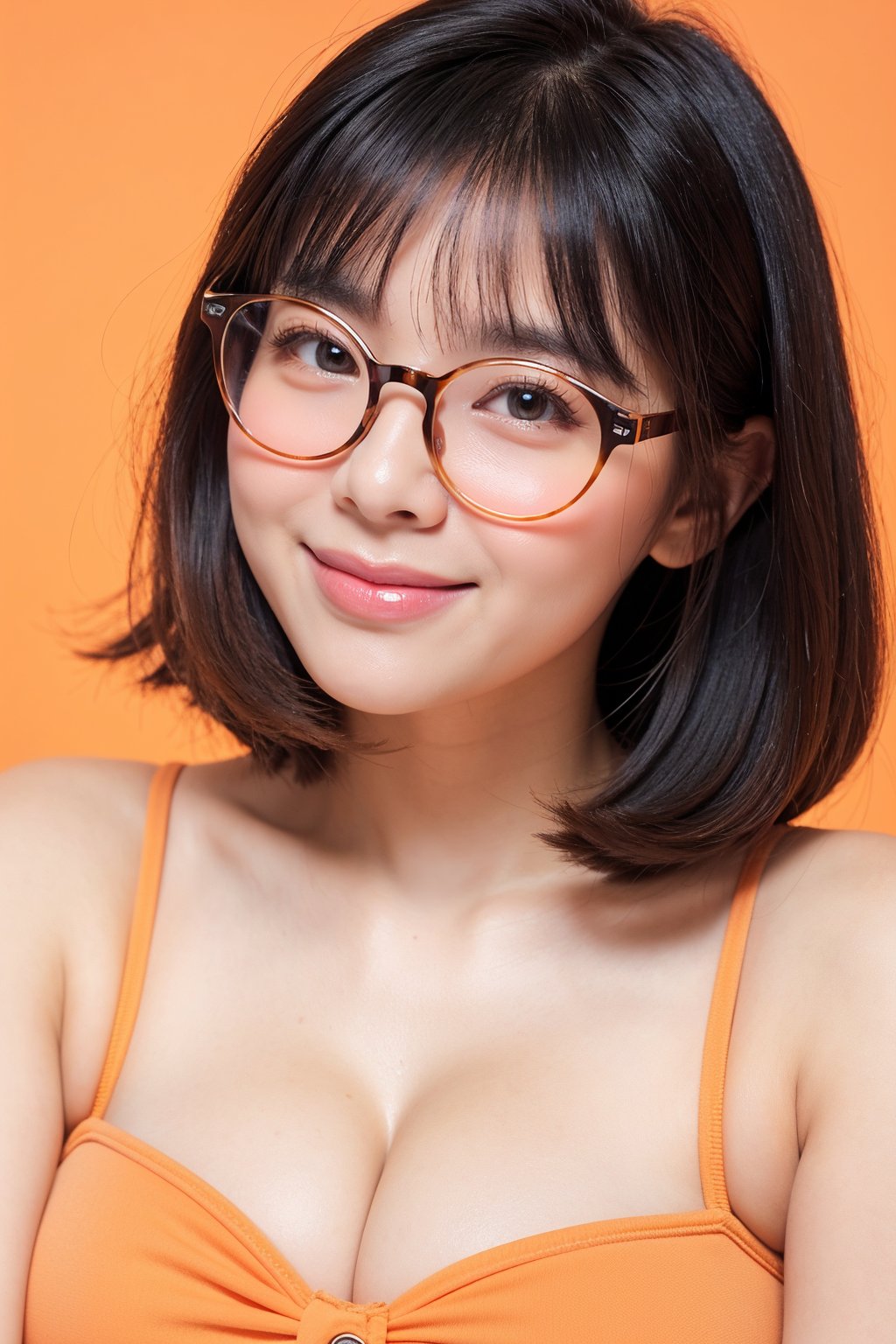 19 years old cute woman, bob hair, (black glasses), upper body, light smile, (orange colored tank top:1.2), cleavage, (pastel pink background)