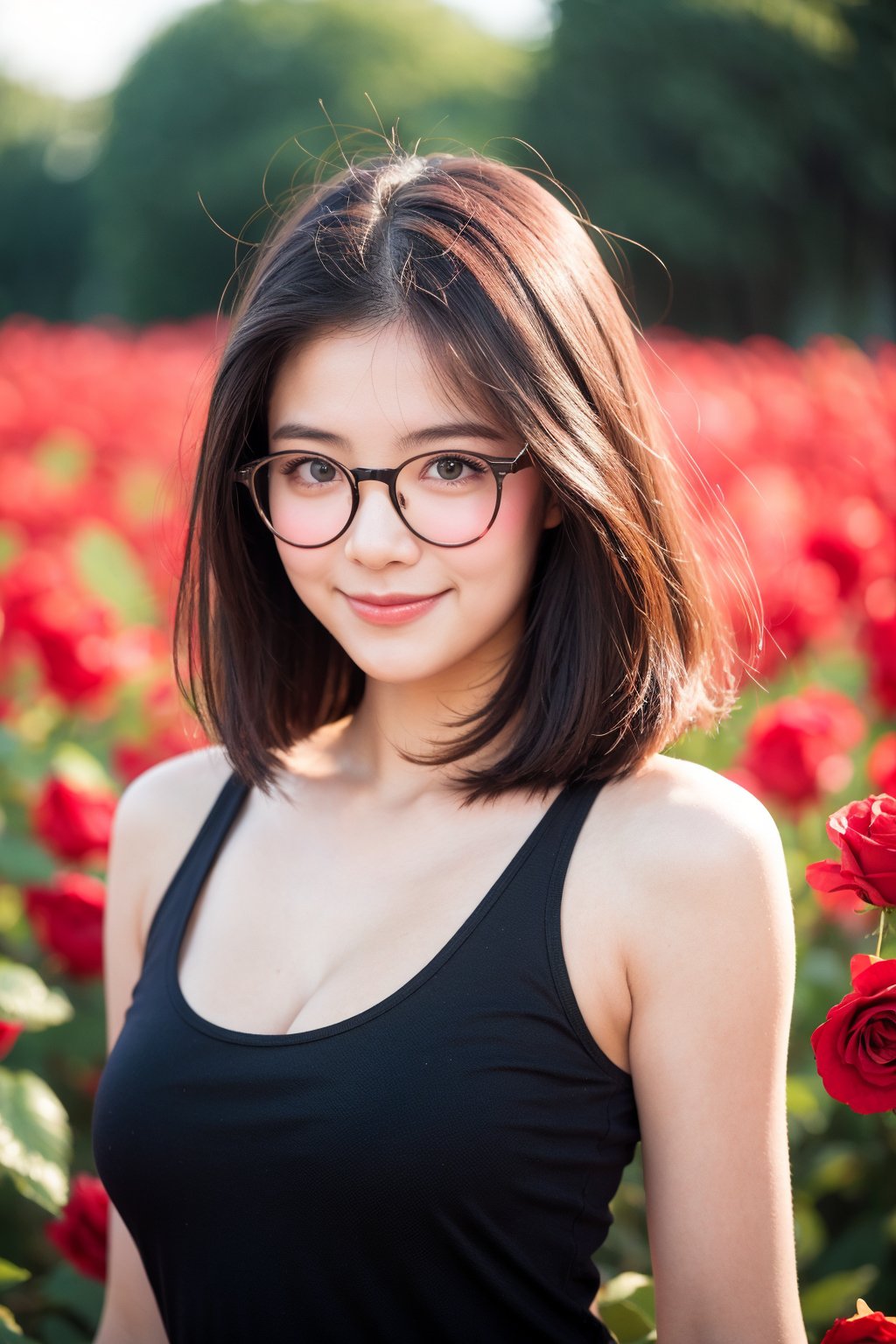 19 years old cute woman, bob hair,  (glasses), upper body,  ight smile,  (orange tank top), cleavage, outdoor, red rose field, petals, bokeh