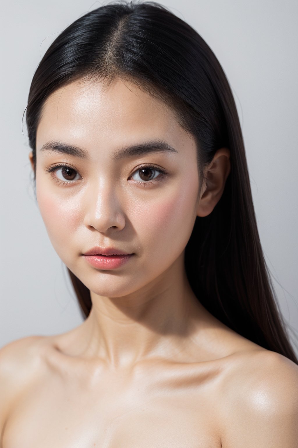 raw photo, cute javanese japanese woman, (close-up), naked, natural lighting,  shadow through her face, white background