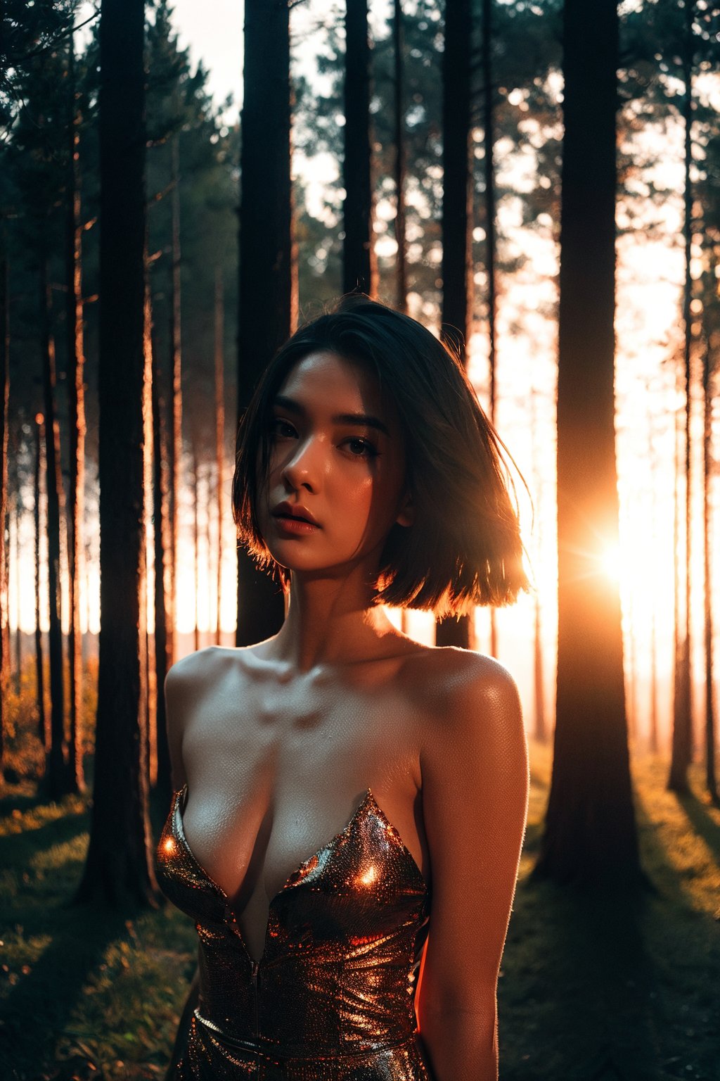 woman, surreal dramatic lighting shadow (lofi, analog), kodak film by Brandon Woelfel Ryan McGinley,  moment eyes, beautiful face, sexy girl, mid body, sunset light, sexy outfit, forests