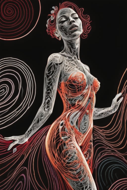 Opulent Lineart of A gorgeous woman in dress shape posing, glow in the dark, red muted colors, eloquently detailed textures, spiraling stripes, 
64k,uhd,hdr, depth of field, detailed finelines, masterpiece drawing ,xlinex