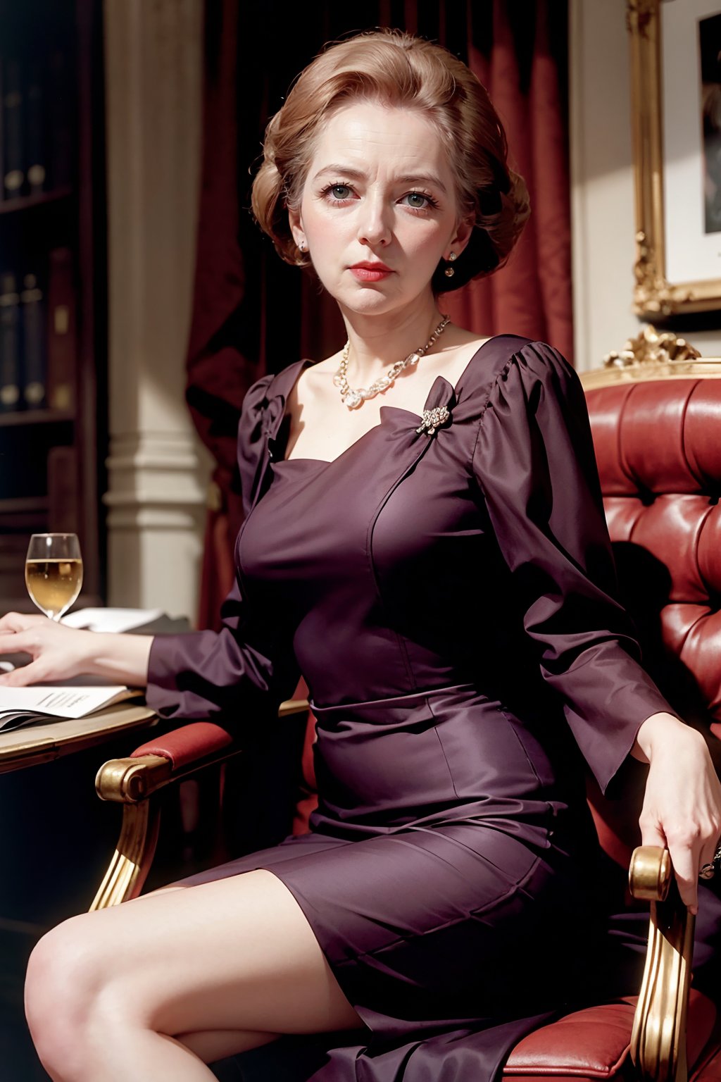 woman, (Margaret Thatcher), wearing brownish dress, spreading