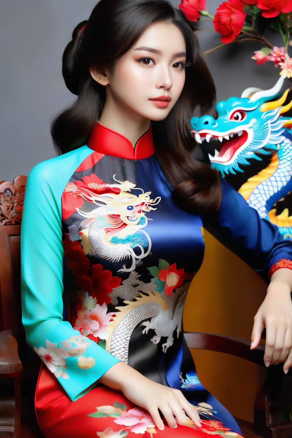 A portrait of a beautiful Vietnamese girl in a black ao dai with dragon and floral pattern, is seated on a wooden chair with a grey background behind her. The studio light is positioned to the right of the girl, casting a soft light on her face and dress.,1girl,Vietnam,girl,women,woman,beauty,ao dai,lovely,Ao dai