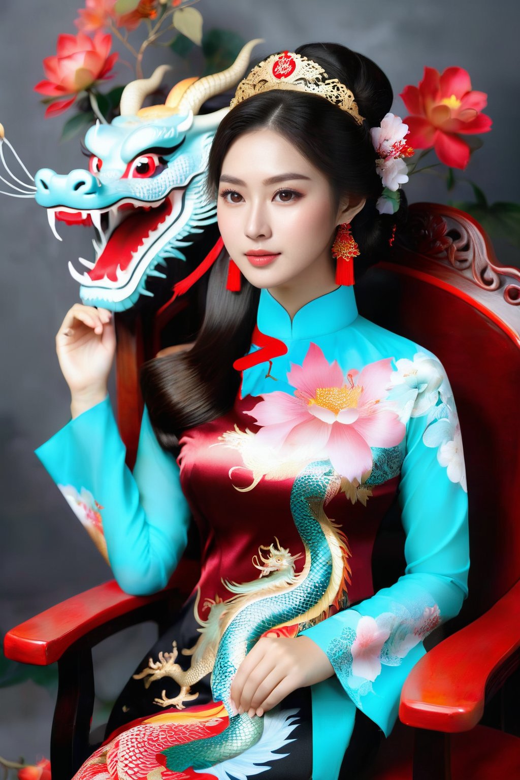 A portrait of a beautiful Vietnamese girl in a black ao dai with dragon and floral pattern, is seated on a wooden chair with a grey background behind her. The studio light is positioned to the right of the girl, casting a soft light on her face and dress.,1girl,Vietnam,girl,women,woman,beauty,ao dai,lovely,Ao dai