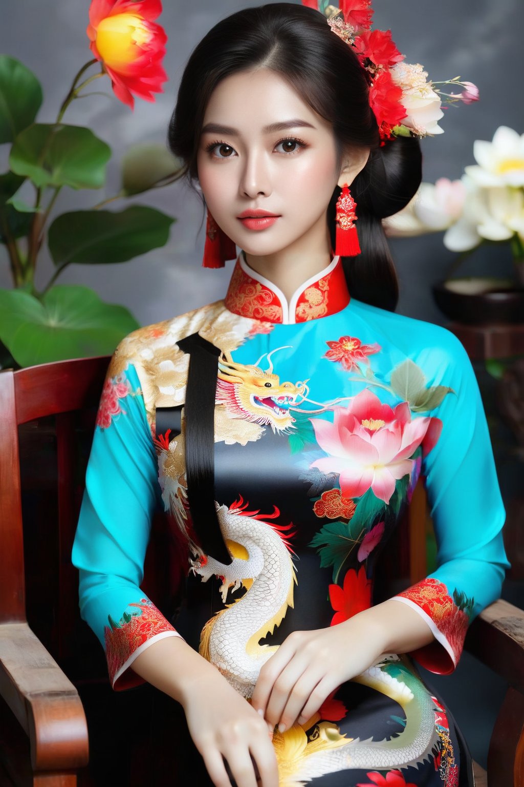 A portrait of a beautiful Vietnamese girl in a black ao dai with dragon and floral pattern, is seated on a wooden chair with a grey background behind her. The studio light is positioned to the right of the girl, casting a soft light on her face and dress.,1girl,Vietnam,girl,women,woman,beauty,ao dai,lovely,Ao dai