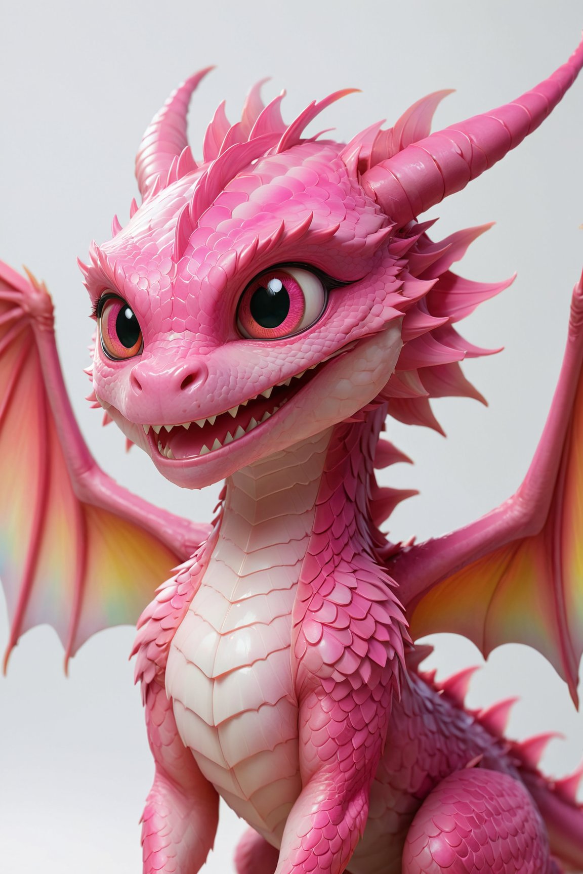 (best quality,8K,highres,masterpiece), ultra-detailed, (super colorful, pink dragon face), depicting the enchanting visage of a baby dragon, Her radiant pink scales glisten with vibrancy as she gazes at the viewer with a warm smile. Set against a simple yet striking white background, this illustration focuses on her charming face, showcasing her sparkling black eyes and the magnificent wings and head wings that frame her expression. The dragon's appearance is reminiscent of a delightful creature from the world of Pokémon, harmoniously fused with fantastical elements and a mesmerizing array of vivid pink hues, creating a captivating and stunning masterpiece.