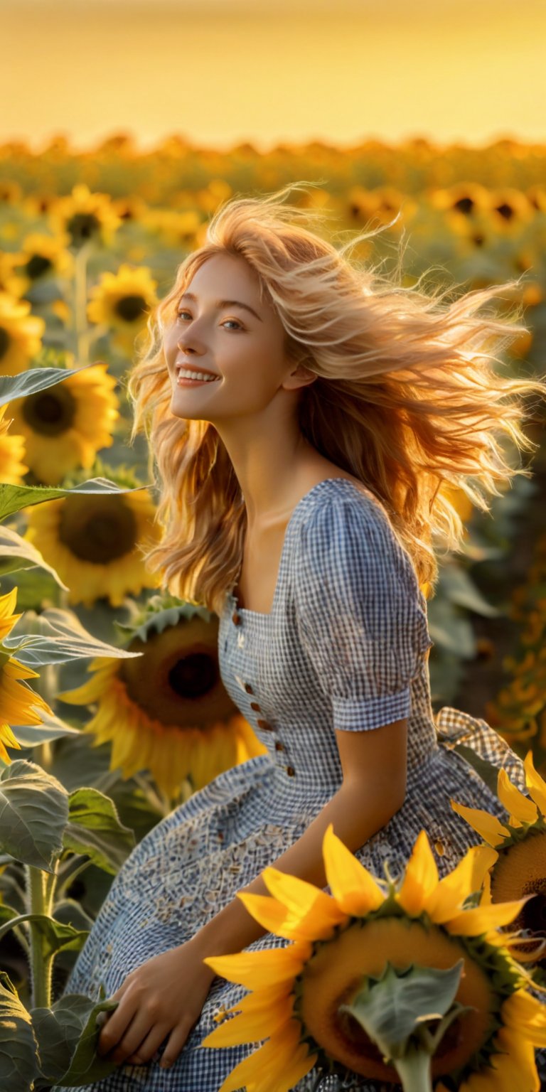 Masterpiece, Best Quality, highres, 1girl,  A girl with windswept, honey-blonde hair pedals through a field of sunflowers, her gingham skirt billowing like petals in the breeze. Butterflies dance around her handlebars, drawn to the vibrant yellow tapestry behind her. Golden hour light bathes the scene in a nostalgic glow. (Think golden sunlight, sunflowers galore, and a touch of whimsical magic.) ,photorealistic,Realism,Extremely Realistic,photo r3al