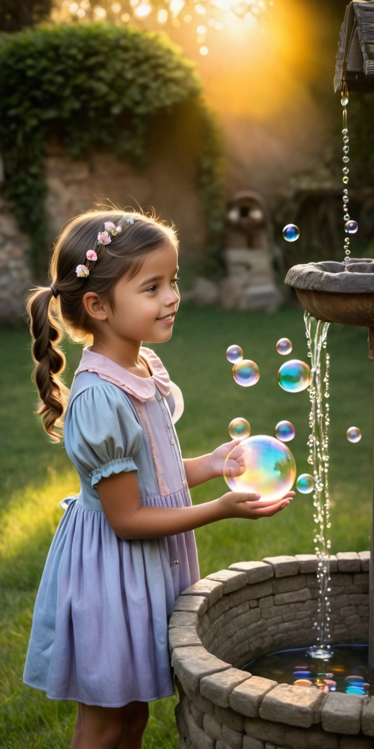 Masterpiece, Best Quality, highres, 1girl,A girl in pigtails throws a handful of pastel-colored bubbles into an old wishing well, their iridescent spheres reflecting the golden rays of a setting sun. The well whispers forgotten stories, adding a touch of whimsy to the peaceful rural scene. (Think vintage charm, pastel color palette, and a whimsical, childlike wonder.)
,photorealistic,Realism,Extremely Realistic,photo r3al