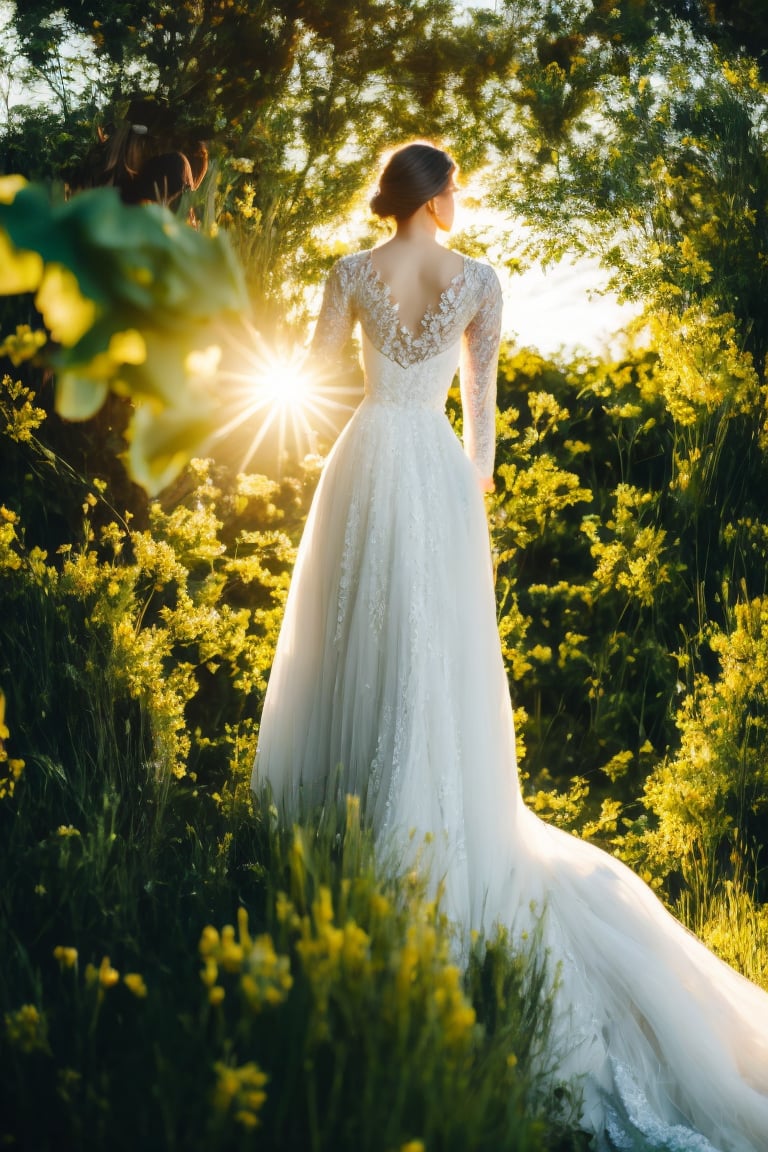 The image depicts a person in a white dress with their face obscured, standing outdoors amidst ethereal lighting. The person is wearing a long, white dress with intricate designs on the sleeves. Their face is obscured by a blurred square, making identification impossible. They are standing in an outdoor setting that appears to be a garden or forest, with trees and rocks visible in the background. Ethereal beams of light filter through the trees, casting an otherworldly glow on the scene. There's a mystical or serene atmosphere created by the combination of natural elements and lighting.,Ao Dai,ao dai,dress