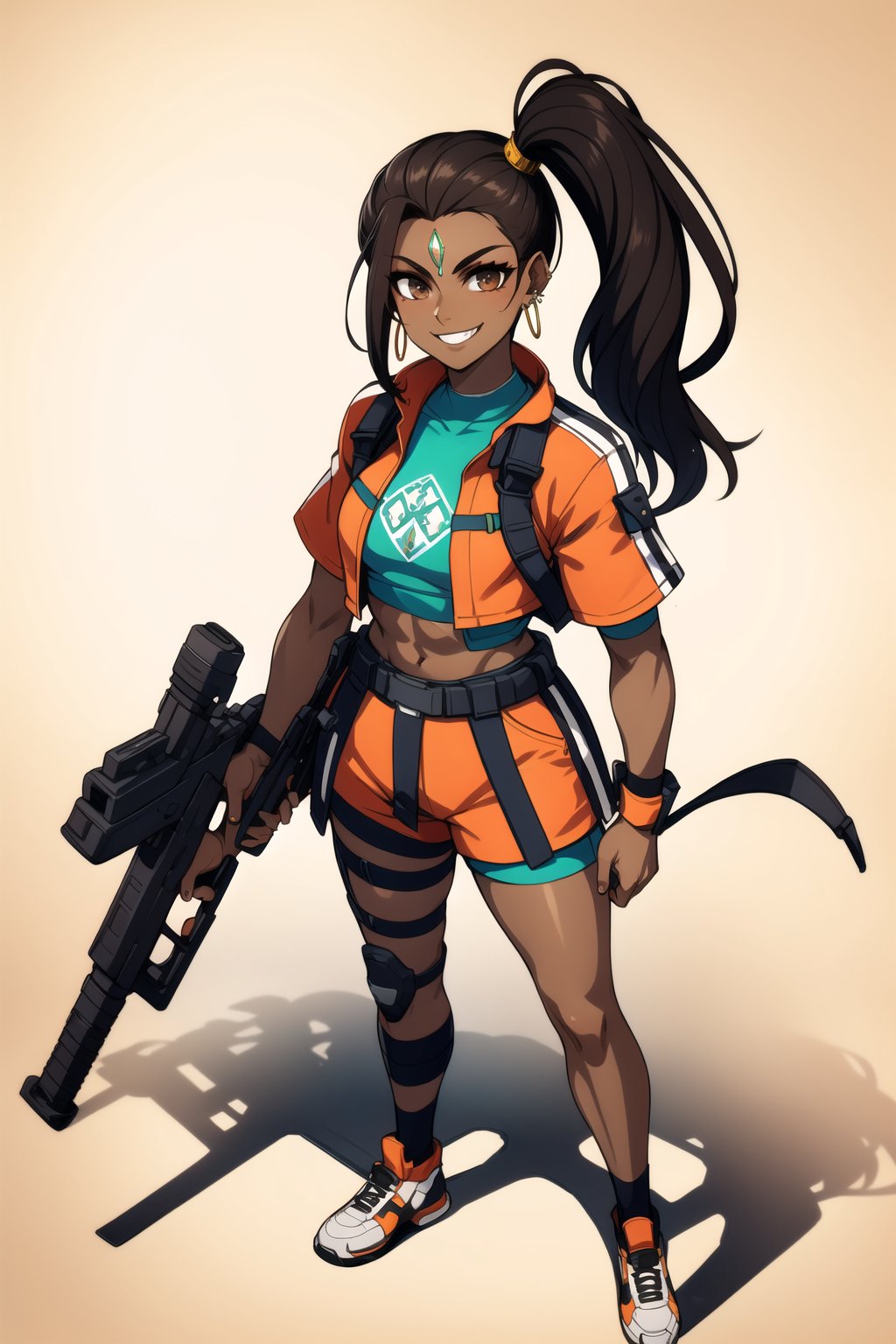 nose ring, nose peircing, rampart, side ponytail, dark skin, indian,smiling, full body, standing, sci fi, holding gun, 