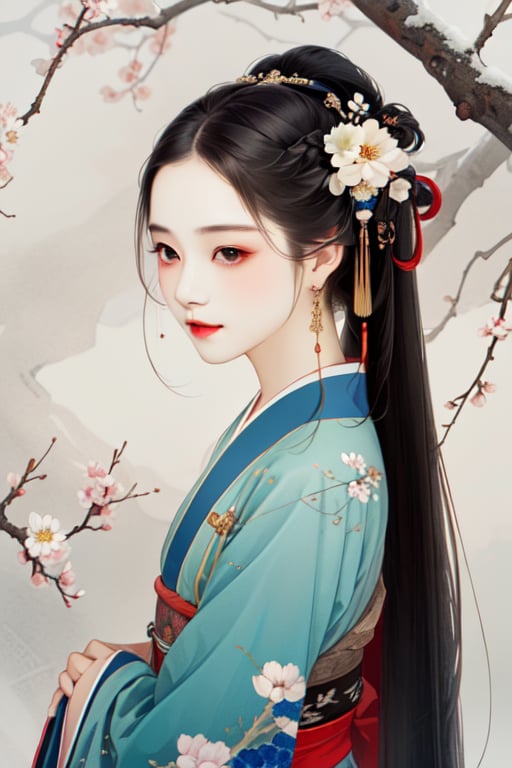 Master piece, high quality, a beautiful Chinese girl,black long hair,blue hanfu, gongbihua, flowers