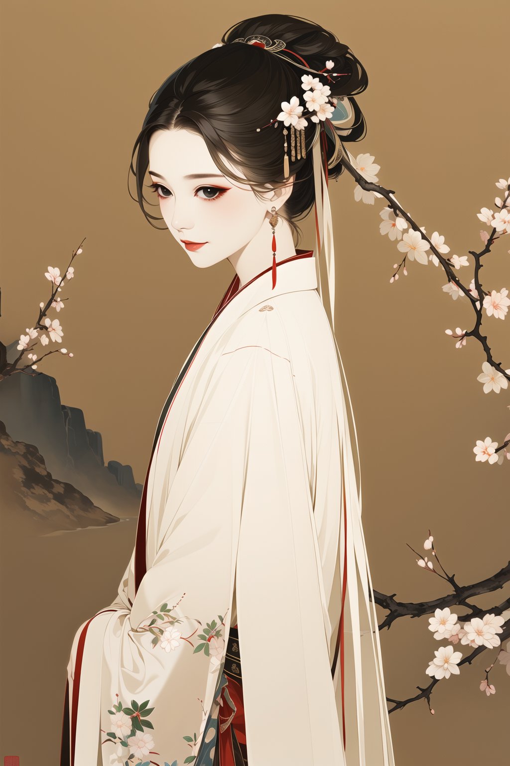 master piece, high quality, a beautiful Chinese girl, wear white hanfu, gongbihua