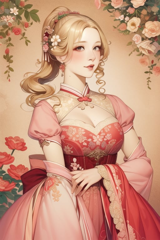 Master piece, high quality, a cute girl, blonde curly long hair, (twin ponytail:1.3), pink dress, gongbihua, flowers