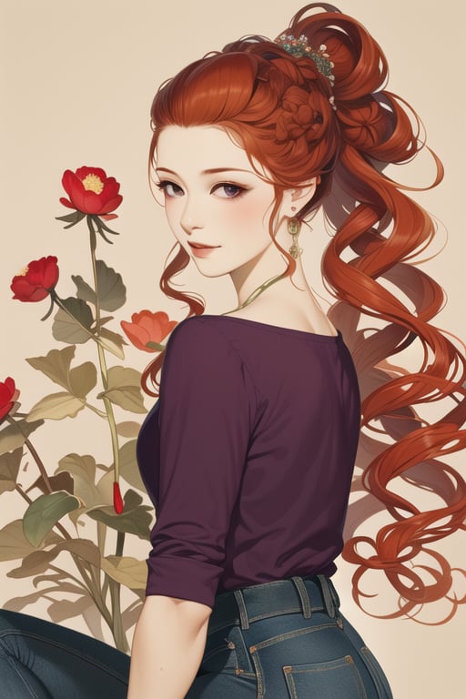 Master piece, high quality, a beautiful girl,red long curly hair, purple shirt and jeans, gongbihua, flowers