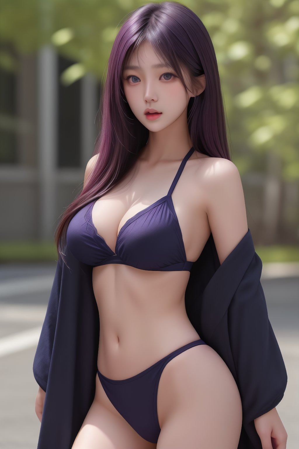 1girl, body, Asian, dark blue eyes, dark violet hair, realistic eyes, gorgeous Asian model, young girl, realism, ultra-realistic, hyper-realistic, realistic skin, natural pink lips, complete body, fit body, very muscular legs, thin waist, small breasts, cleavage