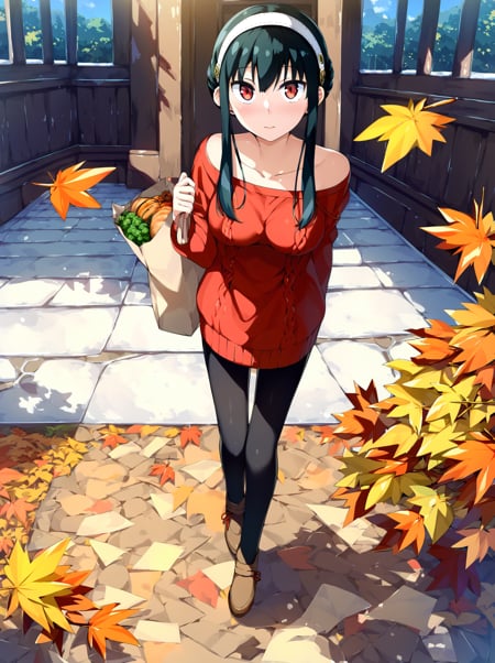 score_9, score_8_up, score_7_up, best quality, masterpiece, uncensored, source_anime, by kantokuBREAKyor briar, 1girl, arm behind back, autumn, autumn leaves, bag, bare shoulders, black hair, black pantyhose, breasts, brown footwear, closed mouth, collarbone, day, dress, dutch angle, food, from above, full body, hairband, holding, holding bag, long sleeves, looking at viewer, looking up, medium breasts, off-shoulder sweater, off shoulder, outdoors, pantyhose, paper bag, red eyes, red sweater, shoes, short hair with long locks, sidelocks, solo, standing, sweater, sweater dress, vegetable, white hairband<lora:kantoku_pony_v1-000015-32rank:1>