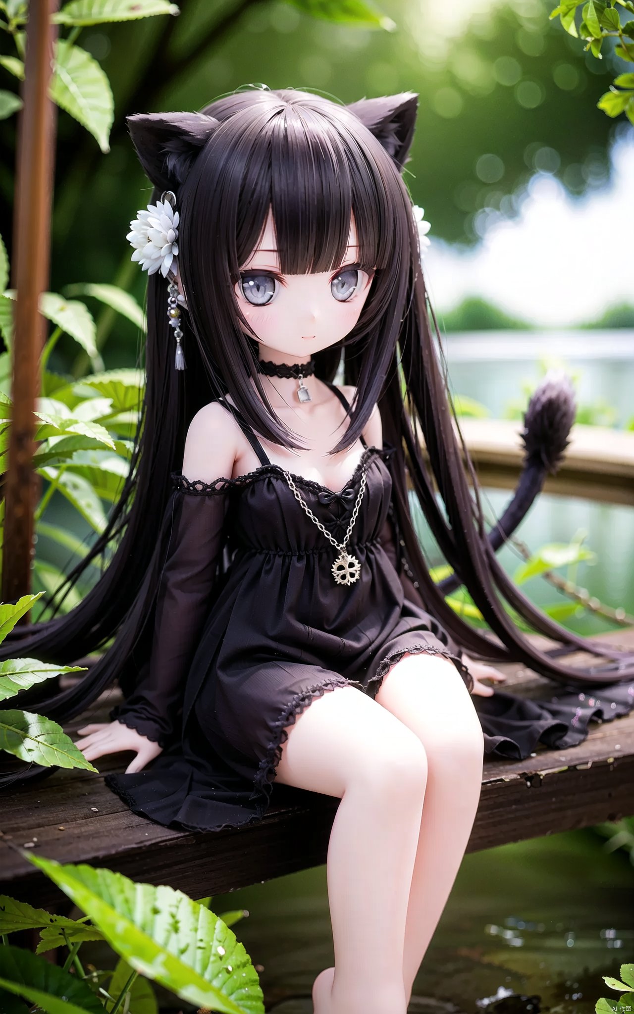 very long hair,cowboy shot,4349,1girl,animal_ears,solo,tail,dress,sitting,barefoot,black_hair,looking_at_viewer,black_dress,water,plant,outdoors,hair_bun,bare_shoulders,soaking_feet,bangs,long_hair,closed_mouth,grey_eyes,