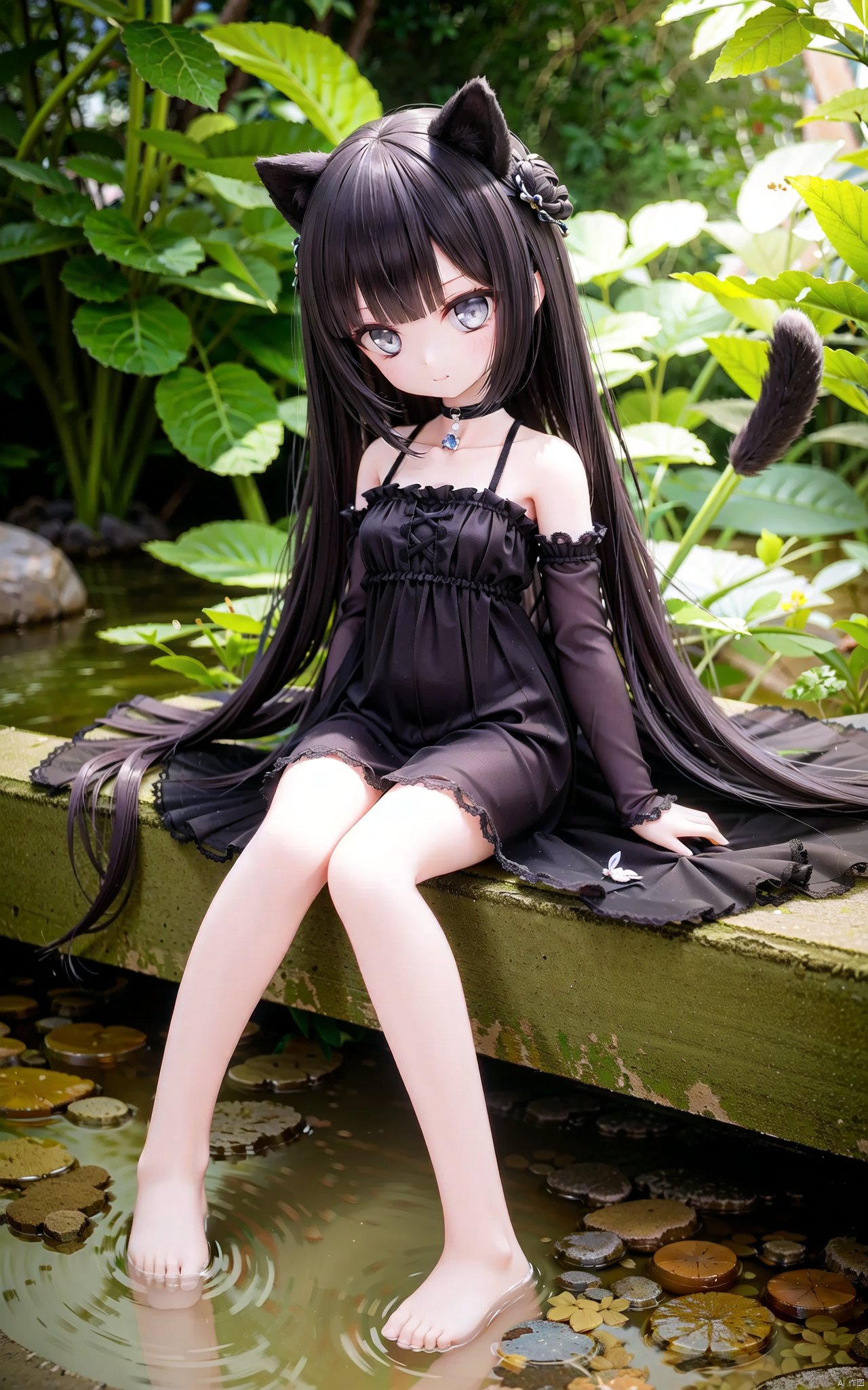 very long hair,cowboy shot,4349,1girl,animal_ears,solo,tail,dress,sitting,barefoot,black_hair,looking_at_viewer,black_dress,water,plant,outdoors,hair_bun,bare_shoulders,soaking_feet,bangs,long_hair,closed_mouth,grey_eyes,