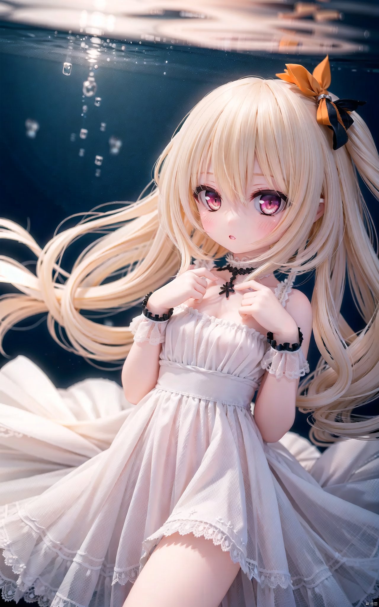 very long hair,cowboy shot,4349,1girl,dress,solo,ribbon,white_dress,underwater,blonde_hair,hair_ribbon,looking_at_viewer,orange_ribbon,orange_eyes,holding,bubble,bangs,wrist_cuffs,air_bubble,blush,hair_between_eyes,