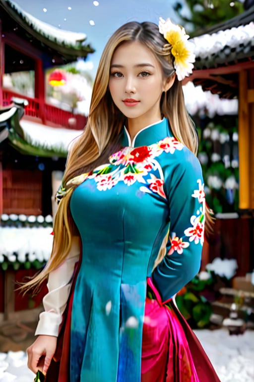 1girl, vietnamese,beautyful face, long hair, breasts, looking at viewer, blonde hair, hair ornament, long sleeves,ao dai, dress, cleavage, brown eyes, standing, flower, outdoors, day, hair flower, blurry, tree, lips, depth of field, snow, snowing, realistic, architecture, winter, east asian architecture, korean clothes, traditional clothes, hanbok,Ao Dai,dress,girl