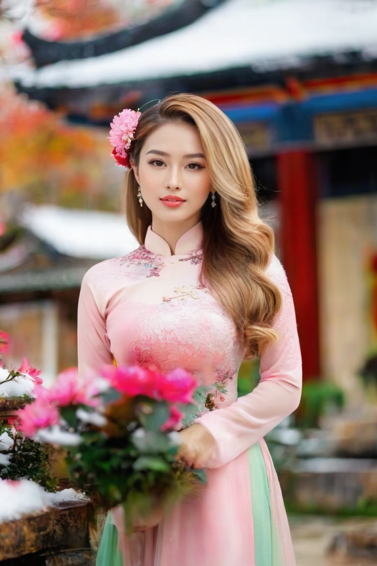 Raw photo,masterpiece,1girl, vietnamese,beautyful face, long hair, breasts, looking at viewer, blonde hair, hair ornament, long sleeves,ao dai, dress, cleavage, brown eyes, standing, flower, outdoors, day, hair flower, blurry, tree, lips, depth of field, snow, snowing, realistic, architecture, winter, east asian architecture, traditional clothes,Ao Dai,woman,dress,r4w photo,beauty,