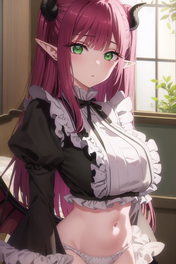 marinkitagawa, <lora:marinkitagawas1-lora-nochekaiser:1>, liz kyun, long hair, bangs, shirt, long sleeves, navel, underwear, (green eyes:1.5), panties, red hair, frills, wings, horns, pointy ears, midriff, puffy sleeves, blunt bangs, stomach, two side up, cosplay, demon girl, demon horns, white ribbon, black wings, demon wings, frilled shirt, frilled panties,BREAK ,BREAK indoors, bed,BREAK looking at viewer, (cowboy shot:1.5),BREAK <lyco:GoodHands-beta2:1>, (masterpiece:1.2), best quality, high resolution, unity 8k wallpaper, (illustration:0.8), (beautiful detailed eyes:1.6), extremely detailed face, perfect lighting, extremely detailed CG, (perfect hands, perfect anatomy),