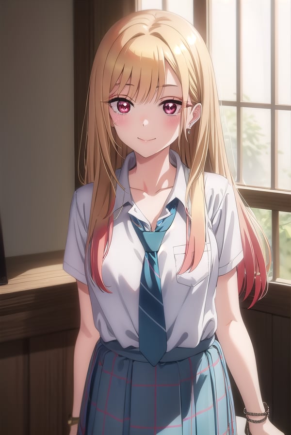 marinkitagawa, <lora:marinkitagawas1-lora-nochekaiser:1>, marin kitagawa, long hair, bangs, blonde hair, (red eyes:1.5), multicolored hair, smile, grin,BREAK skirt, shirt, jewelry, school uniform, white shirt, pleated skirt, earrings, necktie, choker, bracelet, blue skirt, plaid, black choker, plaid skirt,BREAK indoors, classroom,BREAK looking at viewer, (cowboy shot:1.5),BREAK <lyco:GoodHands-beta2:1>, (masterpiece:1.2), best quality, high resolution, unity 8k wallpaper, (illustration:0.8), (beautiful detailed eyes:1.6), extremely detailed face, perfect lighting, extremely detailed CG, (perfect hands, perfect anatomy),