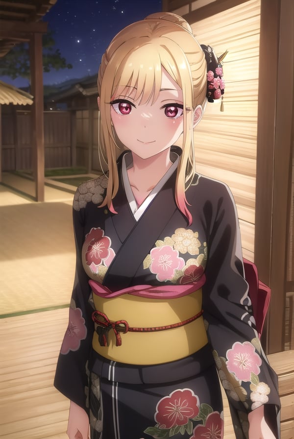 marinkitagawa, <lora:marinkitagawas1-lora-nochekaiser:1>, marin kitagawa, long hair, bangs, blonde hair, (red eyes:1.5), multicolored hair, smile, grin,BREAK japanese clothes, kimono, bag, sash, obi, floral print, yukata, (black kimono:1.5), hair bun, single hair bun,BREAK outdoors, shrine, night, festival, fireworks,BREAK looking at viewer, (cowboy shot:1.5),BREAK <lyco:GoodHands-beta2:1>, (masterpiece:1.2), best quality, high resolution, unity 8k wallpaper, (illustration:0.8), (beautiful detailed eyes:1.6), extremely detailed face, perfect lighting, extremely detailed CG, (perfect hands, perfect anatomy),