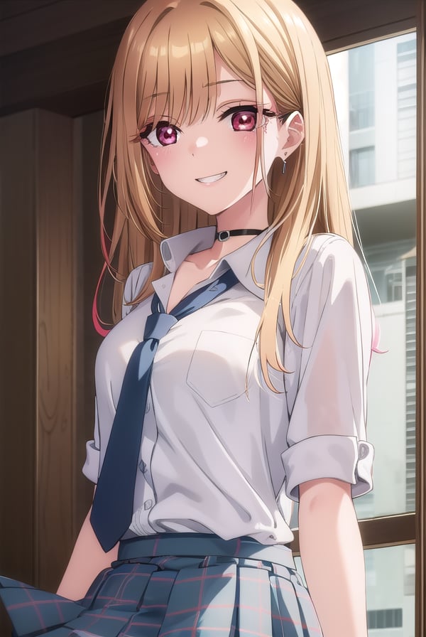 marinkitagawa, <lora:marinkitagawas1-lora-nochekaiser:1>, marin kitagawa, long hair, bangs, blonde hair, (red eyes:1.5), multicolored hair, smile, grin,BREAK skirt, shirt, jewelry, school uniform, white shirt, pleated skirt, earrings, necktie, choker, bracelet, blue skirt, plaid, black choker, plaid skirt,BREAK indoors, classroom,BREAK looking at viewer, (cowboy shot:1.5),BREAK <lyco:GoodHands-beta2:1>, (masterpiece:1.2), best quality, high resolution, unity 8k wallpaper, (illustration:0.8), (beautiful detailed eyes:1.6), extremely detailed face, perfect lighting, extremely detailed CG, (perfect hands, perfect anatomy),