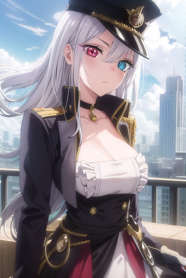 marinkitagawa, <lora:marinkitagawas1-lora-nochekaiser:1>, black lobelia, long hair, white hair, blue eyes, (red eyes:1.2), gloves, hat, dress, cleavage, jewelry, jacket, open clothes, choker, black gloves, military, black headwear, (heterochromia:1.5), black choker, peaked cap, epaulettes, military hat,BREAK ,BREAK outdoors, city, sky, clouds, sun,BREAK looking at viewer, (cowboy shot:1.5),BREAK <lyco:GoodHands-beta2:1>, (masterpiece:1.2), best quality, high resolution, unity 8k wallpaper, (illustration:0.8), (beautiful detailed eyes:1.6), extremely detailed face, perfect lighting, extremely detailed CG, (perfect hands, perfect anatomy),