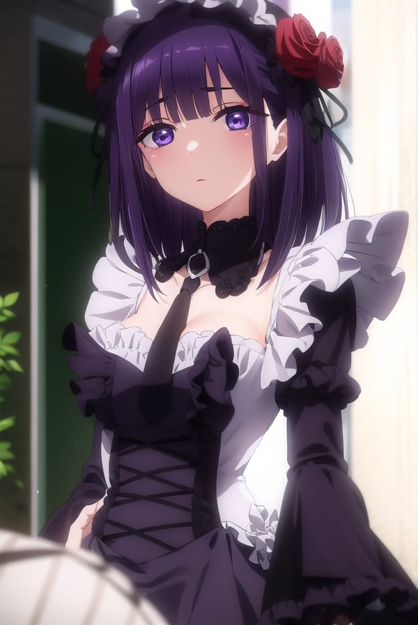 marinkitagawa, <lora:marinkitagawas1-lora-nochekaiser:1>, shizuku kuroe, headdress, maid headdress, bangs, hair ornament, long sleeves, dress, cleavage, (purple eyes:1.1), purple hair, flower, frills, necktie, hair flower, wide sleeves, blunt bangs, nail polish, black dress, collar, cosplay, makeup, detached collar, rose, chain, frilled dress, lipstick, frilled sleeves, red flower, black necktie, leash, purple nails, chain leash,BREAK ,BREAK outdoors, city, crowd,BREAK looking at viewer, (cowboy shot:1.5),BREAK <lyco:GoodHands-beta2:1>, (masterpiece:1.2), best quality, high resolution, unity 8k wallpaper, (illustration:0.8), (beautiful detailed eyes:1.6), extremely detailed face, perfect lighting, extremely detailed CG, (perfect hands, perfect anatomy),