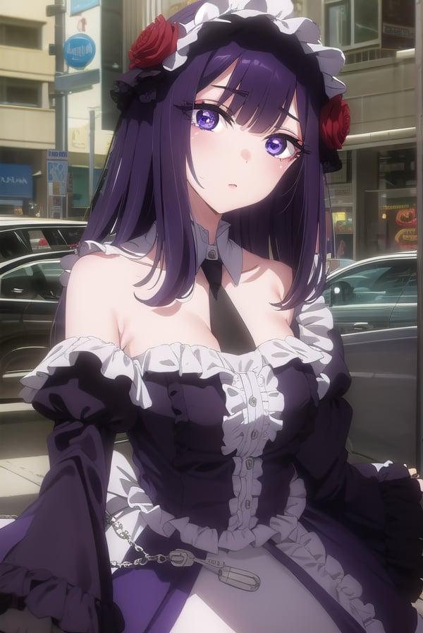 marinkitagawa, <lora:marinkitagawas1-lora-nochekaiser:1>, shizuku kuroe, headdress, maid headdress, bangs, hair ornament, long sleeves, dress, cleavage, (purple eyes:1.1), purple hair, flower, frills, necktie, hair flower, wide sleeves, blunt bangs, nail polish, black dress, collar, cosplay, makeup, detached collar, rose, chain, frilled dress, lipstick, frilled sleeves, red flower, black necktie, leash, purple nails, chain leash,BREAK ,BREAK outdoors, city, crowd,BREAK looking at viewer, (cowboy shot:1.5),BREAK <lyco:GoodHands-beta2:1>, (masterpiece:1.2), best quality, high resolution, unity 8k wallpaper, (illustration:0.8), (beautiful detailed eyes:1.6), extremely detailed face, perfect lighting, extremely detailed CG, (perfect hands, perfect anatomy),