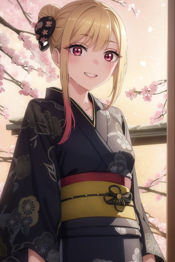 marinkitagawa, <lora:marinkitagawas1-lora-nochekaiser:1>, marin kitagawa, long hair, bangs, blonde hair, (red eyes:1.5), multicolored hair, smile, grin,BREAK japanese clothes, kimono, bag, sash, obi, floral print, yukata, (black kimono:1.5), hair bun, single hair bun,BREAK outdoors, shrine, night, festival, fireworks,BREAK looking at viewer, (cowboy shot:1.5),BREAK <lyco:GoodHands-beta2:1>, (masterpiece:1.2), best quality, high resolution, unity 8k wallpaper, (illustration:0.8), (beautiful detailed eyes:1.6), extremely detailed face, perfect lighting, extremely detailed CG, (perfect hands, perfect anatomy),