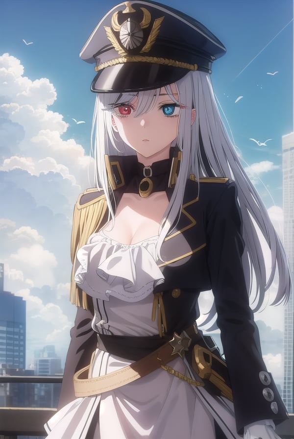 marinkitagawa, <lora:marinkitagawas1-lora-nochekaiser:1>, black lobelia, long hair, white hair, blue eyes, (red eyes:1.2), gloves, hat, dress, cleavage, jewelry, jacket, open clothes, choker, black gloves, military, black headwear, (heterochromia:1.5), black choker, peaked cap, epaulettes, military hat,BREAK ,BREAK outdoors, city, sky, clouds, sun,BREAK looking at viewer, (cowboy shot:1.5),BREAK <lyco:GoodHands-beta2:1>, (masterpiece:1.2), best quality, high resolution, unity 8k wallpaper, (illustration:0.8), (beautiful detailed eyes:1.6), extremely detailed face, perfect lighting, extremely detailed CG, (perfect hands, perfect anatomy),